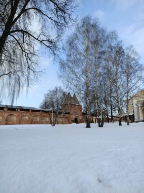 Zaraisk 'taki eski ortaçağ Kremlin veya kalesinin duvarları ve kulesi. Nehir kıyısındaki küçük bir Rus şehri.