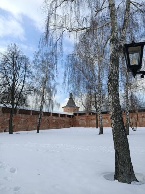 Zaraisk 'taki eski ortaçağ Kremlin veya kalesinin duvarları ve kulesi. Nehir kıyısındaki küçük bir Rus şehri.