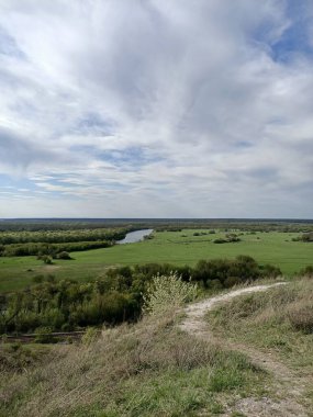 Mavi gökyüzünün altındaki iki nehir arasında çimenli ve ağaçlı yeşil tarlalar