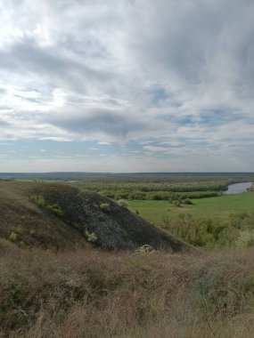 Mavi gökyüzünün altındaki iki nehir arasında çimenli ve ağaçlı yeşil tarlalar