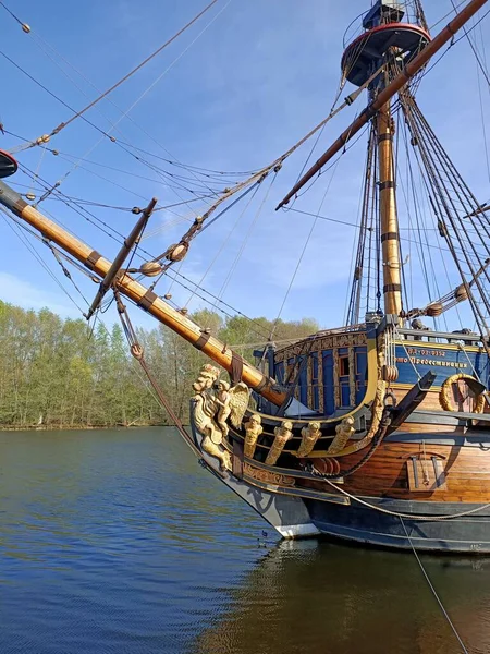 Medieval sail war ship in the river bank of the city center