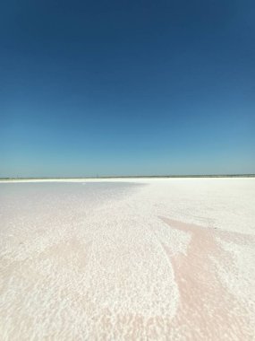 Layer of white salt on the pink rose salt lake under blue sky