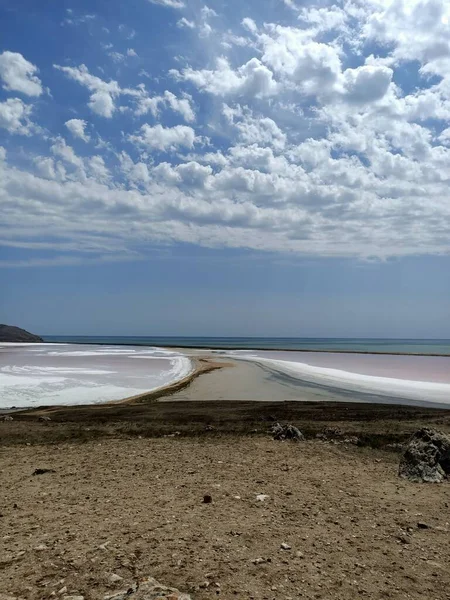 Rosafarbener Salzsee Mit Schwarzem Und Weißem Salz Strand — Stockfoto