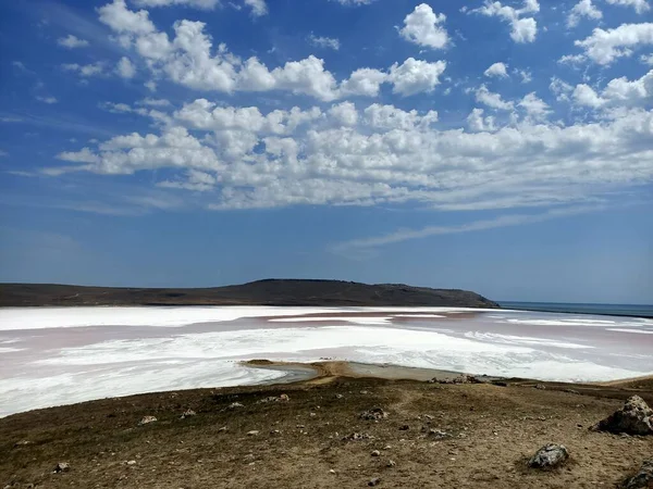 Roze Zoutmeer Met Zwart Gek Wit Zout Het Strand — Stockfoto