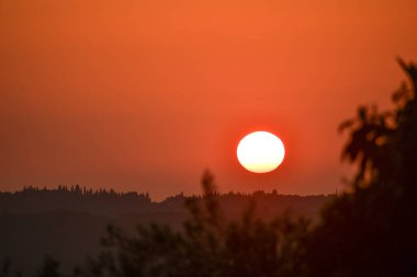 Kırsal Yunanistan 'ın yuvarlanan tepeleri üzerinde altın saat gün batımı. Sıcak güneş turuncu gökyüzünde parlıyor. Yalnız bir kuş karanlık ağaç siluetlerinin üzerinde uçuyor. Kopya alanı olan huzurlu sonbahar manzarası.