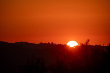 A dramatic telephoto shot of a brilliant red sunset behind a silhouetted treeline of cypress trees on a distant hill, creating a vibrant and atmospheric scene