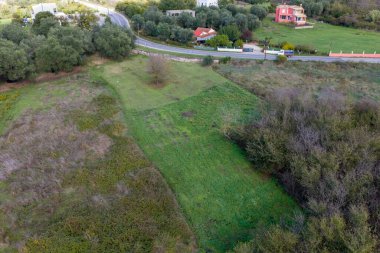 Gökyüzü panoramik manzarası, kıvrımlı yeşil tarım arazisi, dağınık ağaçlar, açık alanlar, ve sakin doğal evlerdeki kır evleri yukarıdan canlı gün ışığında çekiliyor.