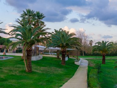 Korfu 'da bulutlu bir günde lüks bir Yunan tatil köyünde palmiye ağaçları ve patikaları olan bahçeler..