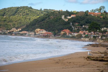Korfu Yunanistan 'daki Agios Georgios Pagon plajının manzarası. Kumlu sahile vuran sert deniz dalgaları, fırtına kalıntıları ve yeşil yamaçlı bambu çubukları ile kaplı.