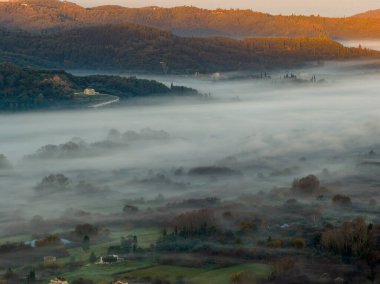 Dramatic golden sunrise light hitting mountain tops above a sea of thick white fog. Winding road on a hillside overlooking a misty valley. High contrast morning landscape