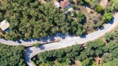 Yunanistan 'ın Korfu Adası kırsalındaki sık zeytin ağaçlarından oluşan bir ormanı kesen dolambaçlı bir asfalt yolun hava aracı görüntüleri Akdeniz' in verimli manzarasını ve doğasını gözler önüne seriyor..