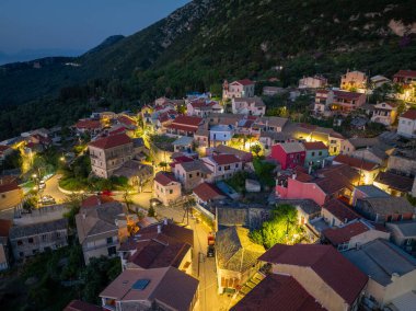 Aerial View of Illuminated Episkepsi Village at Dusk, Corfu Island, Greece