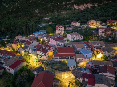 Aerial View of Illuminated Episkepsi Village at Dusk, Corfu Island, Greece