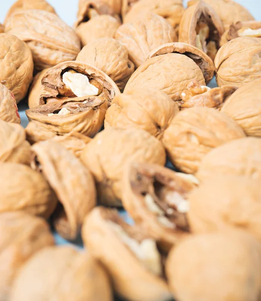 Walnuts whole in their skins, chopped on blue background — Stock Photo, Image
