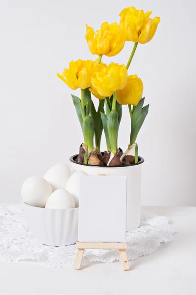 Tema de Pascua. huevos, tulipanes sobre mesa blanca — Foto de Stock