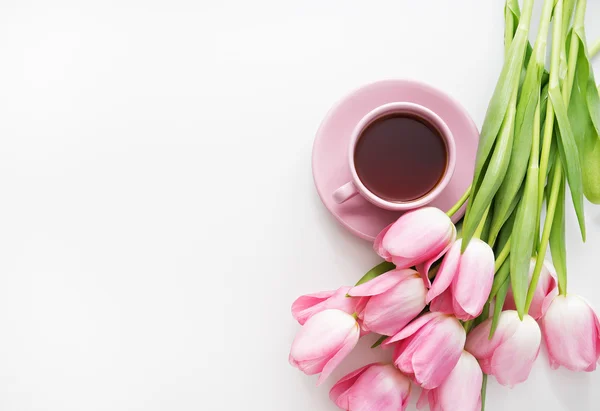 Verse lente roze tulpen met thee op witte achtergrond — Stockfoto