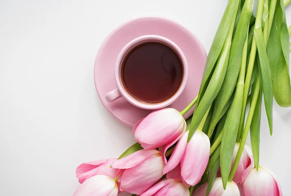 Verse lente roze tulpen met thee op witte achtergrond — Stockfoto