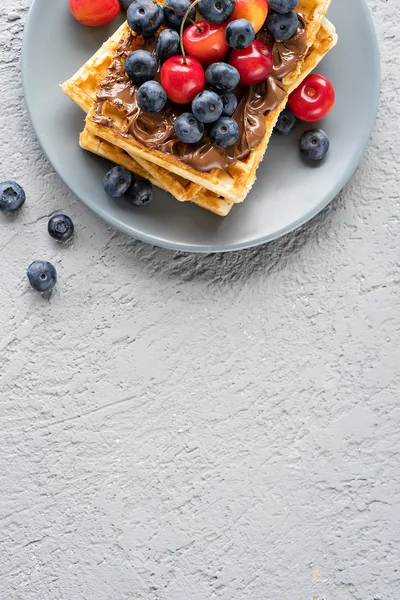 Prato de waffles belgas com chocolate e bagas — Fotografia de Stock