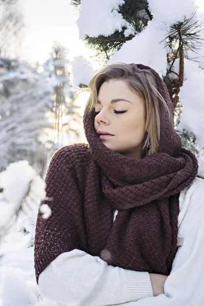 Piękny portret ładny kobieta w lesie zimą — Zdjęcie stockowe