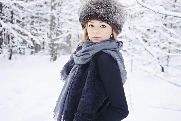 Beautiful portrait of cute woman in winter forest Stock Image