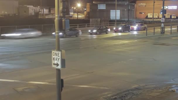 Medium Shot One Way Sign Lower Left Third Train Street — Stock Video