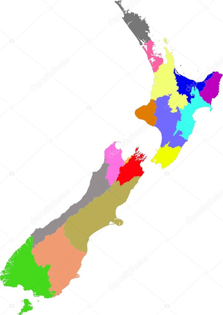 New Zealand, color map of the regions