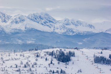 Mountains behind ski resort clipart