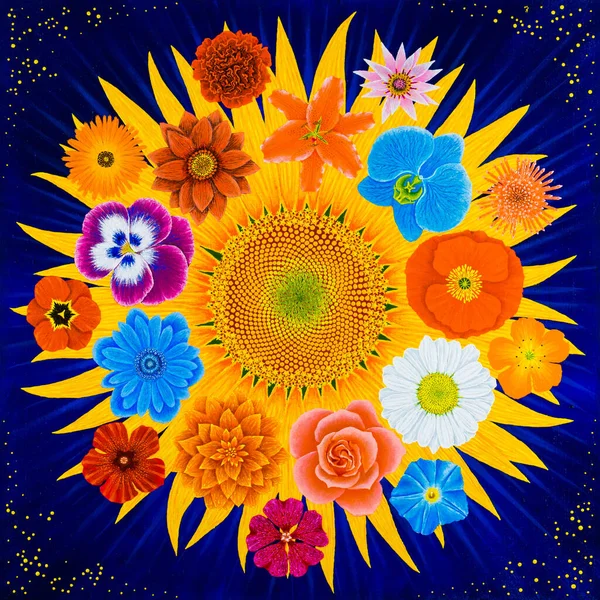 A bouquet of flowers in the form of a solar system. Sunflower - the sun. Around the large and small planets of the solar system. Clockwise from eleven hours away from the sun. Earth - Orchid.