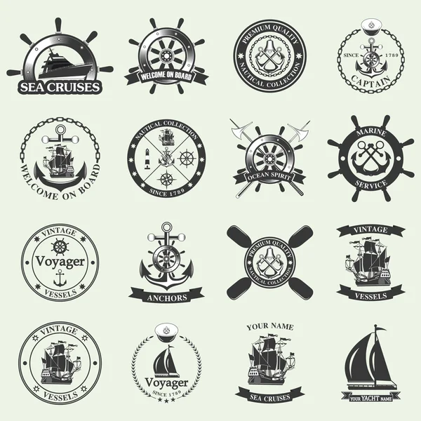 Set of vintage nautical labels, icons and design elements. — Stock Vector