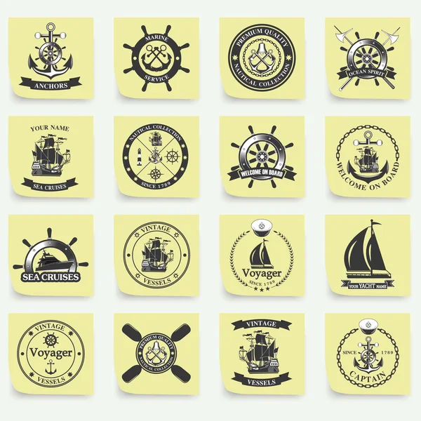 Set of vintage nautical labels, icons and design elements. — Stock Vector