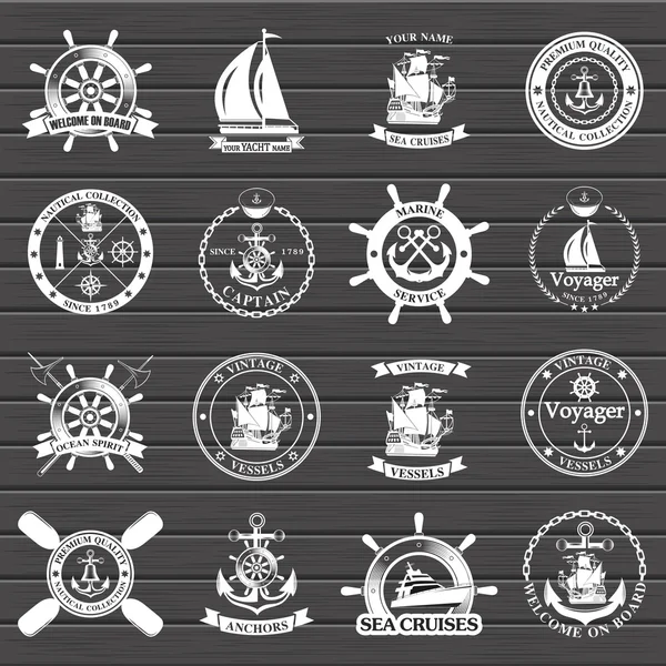Set of vintage nautical labels, icons and design elements. — Stock Vector