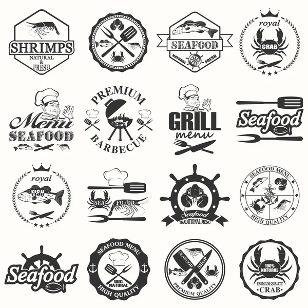 Набор этикеток и знаков морепродуктов — стоковый вектор