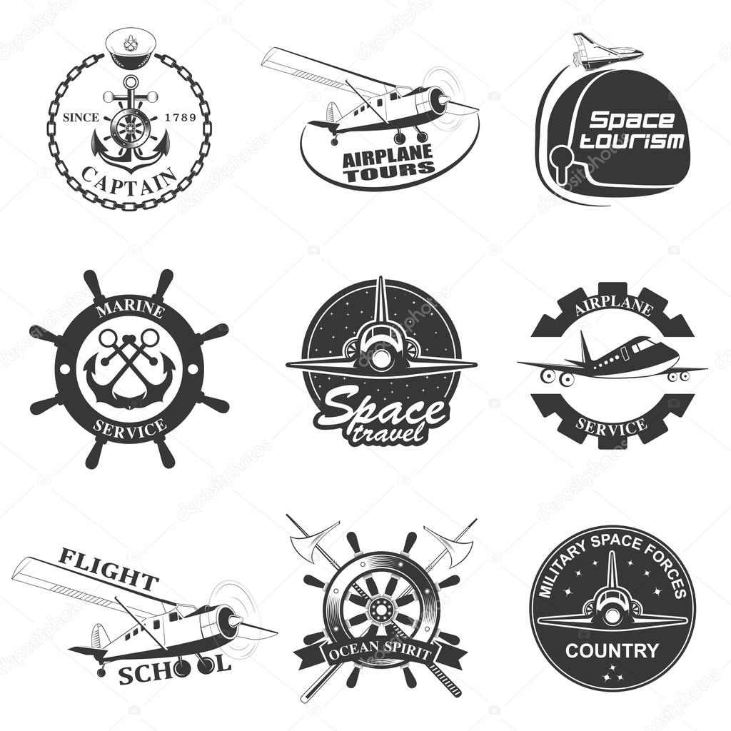 Set of vintage space, nautical, aeronautics flight  emblems, labels, badges and logos