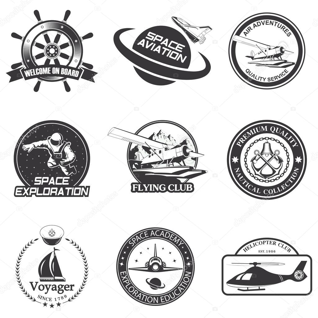 Set of vintage space, nautical, aeronautics flight  emblems, labels, badges and logos