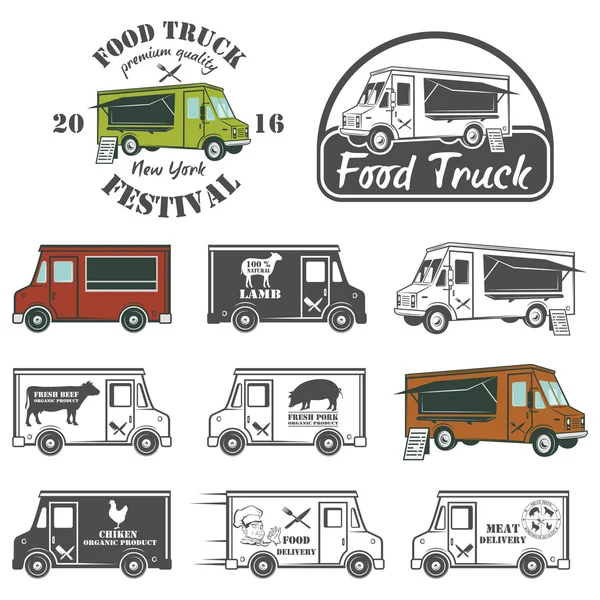 Food truck street festival emblems and logos set — Stock Vector