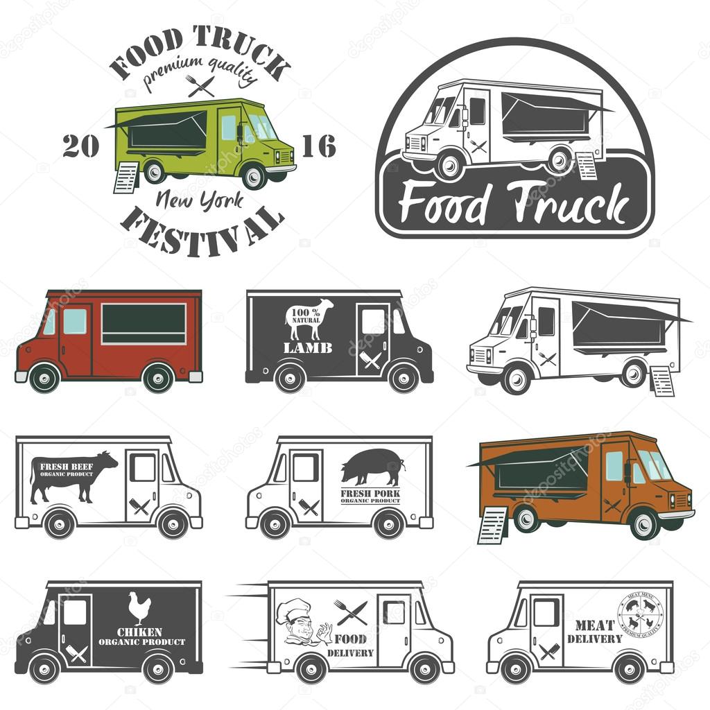 Food truck street festival emblems and logos set