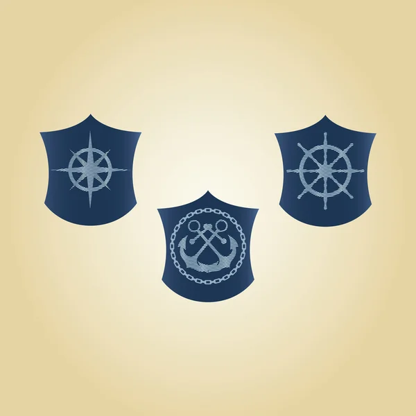 Vector set of maritime symbols. Anchor, steering wheel, steering control, mariner's compass — Stock Vector