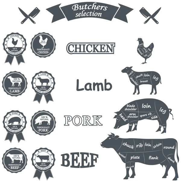 Vector diagram cut carcasses of chicken, pig, cow, lamb — Stock Vector