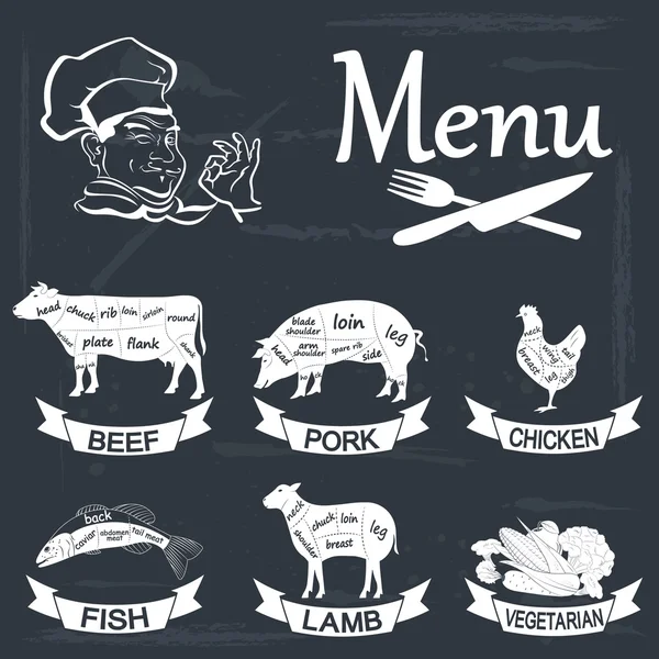 Ensemble de symboles de viande, boeuf, porc, poulet, agneau, poisson, légumes — Image vectorielle