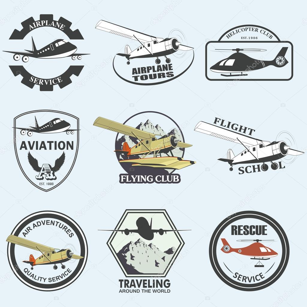 Set of vintage retro aeronautics flight badges and labels