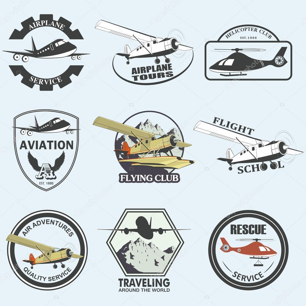 Set of vintage retro aeronautics flight badges