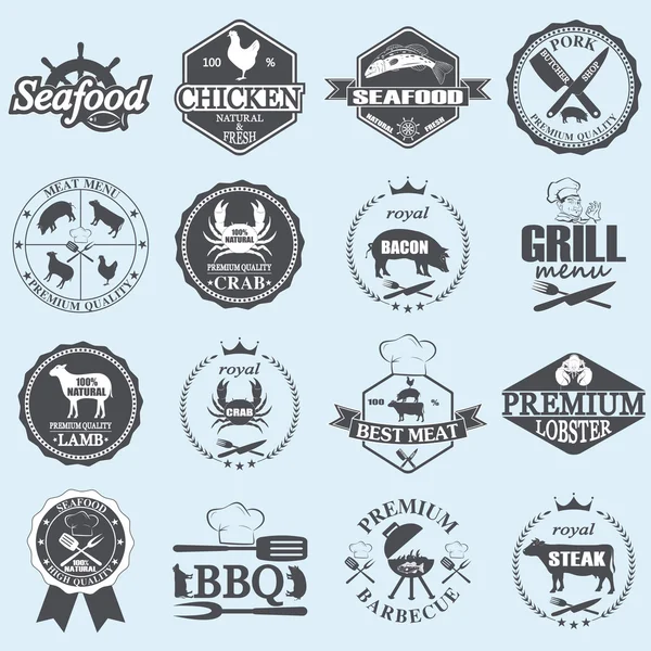 Seafood labels and butcher shop — Stock Vector
