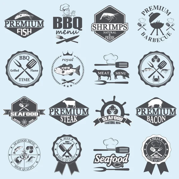 Seafood labels and butcher shop — Stock Vector