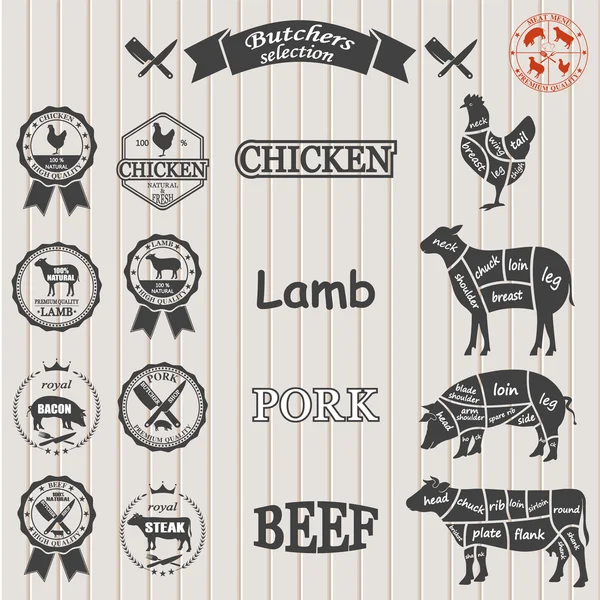 Diagrama vetorial carcaças cortadas de frango, porco, vaca, cordeiro . — Vetor de Stock