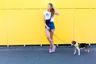 gülümseyen ve dışında beagle yavru köpeğini şaşırtıcı yaz gün boyunca eğleniyor poz kot şort giyen serin genç ve güzel beyaz sarışın hippi kız