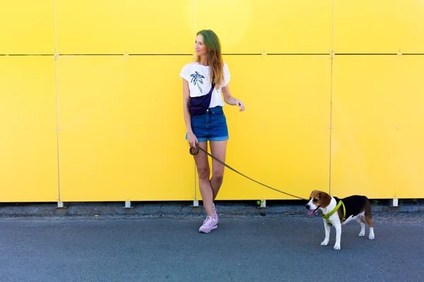 Cool young and beautiful caucasian blonde hipster girl wearing denim shorts posing smiling and having fun outside with her beagle puppy dog during amazing summer day — Stock Photo, Image