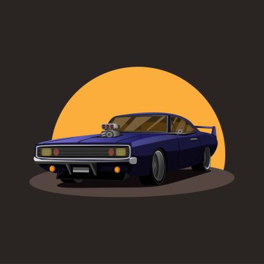 Çizgi film vektöründe arka plan kavramında günbatımı olan Retro American kaslı süper şarj turbo.