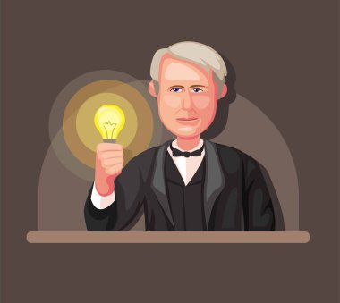 Çizgi film illüstrasyon vektöründeki Thomas Alva Edison ampul ve elektrik jeneratörü kavramının çizimi