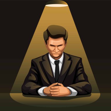 Karikatür illüstrasyon vektöründe sorgulama konsepti için karanlık odada spot ışığı altında iş adamı portresi