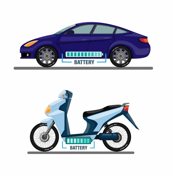 Elektrofahrzeug Auto Und Motorrad Mit Batterieleisten Informationssymbolkonzept Cartoon Illustrationsvektor — Stockvektor